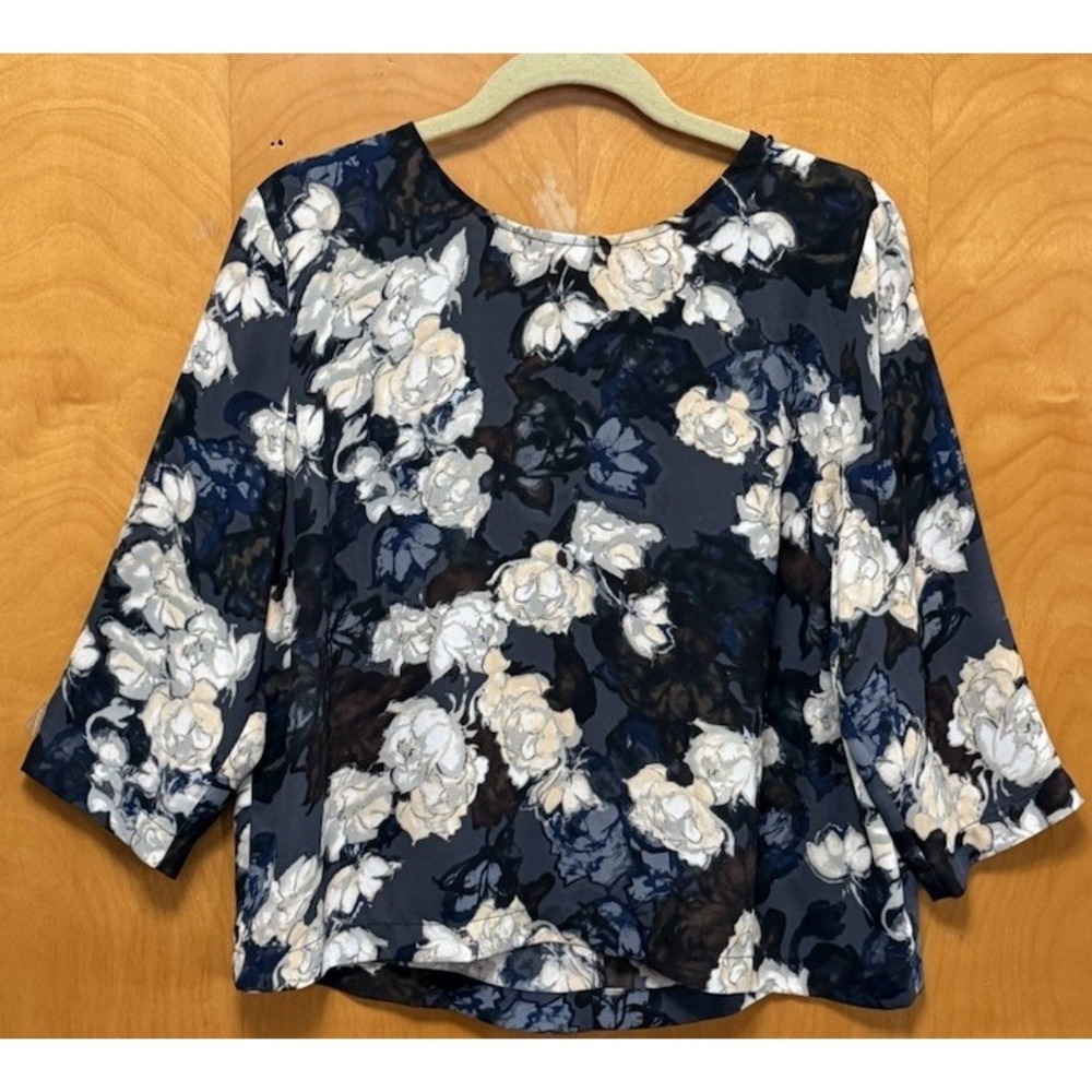 Philosophy Womens Flowy Chiffon Floral 3/4 Sleeve‎ Boxy Fit Top Back Zip Sz L